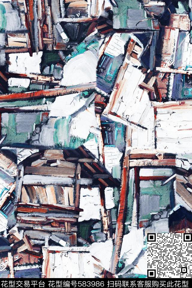 手绘抽象油画拼贴纹理欧美大牌休闲风女装扎染裤子连衣裙短裤短裙H【抽象】数码印花华亿平台下载（图片编号: 583986） - 瓦栏（Walan）