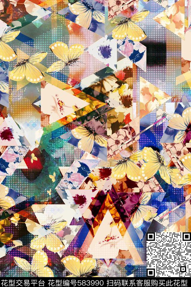 浪漫几何花卉数码印花华亿平台下载（图片编号: 583990） - 瓦栏（Walan）