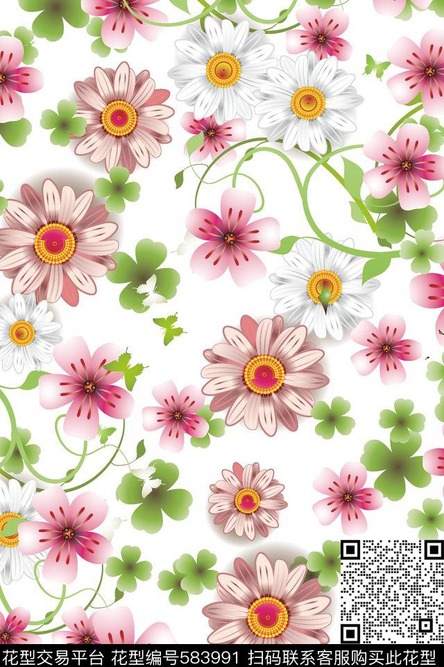 花卉粉色缤纷数码印花华亿平台下载（图片编号: 583991） - 瓦栏（Walan）