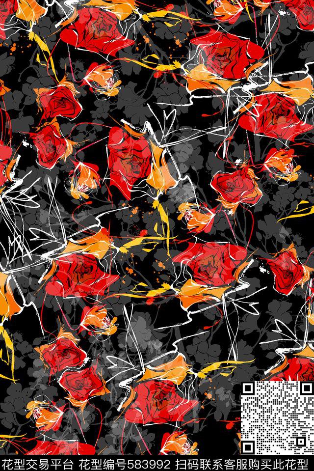 红色抽象花卉数码印花华亿平台下载（图片编号: 583992） - 瓦栏（Walan）
