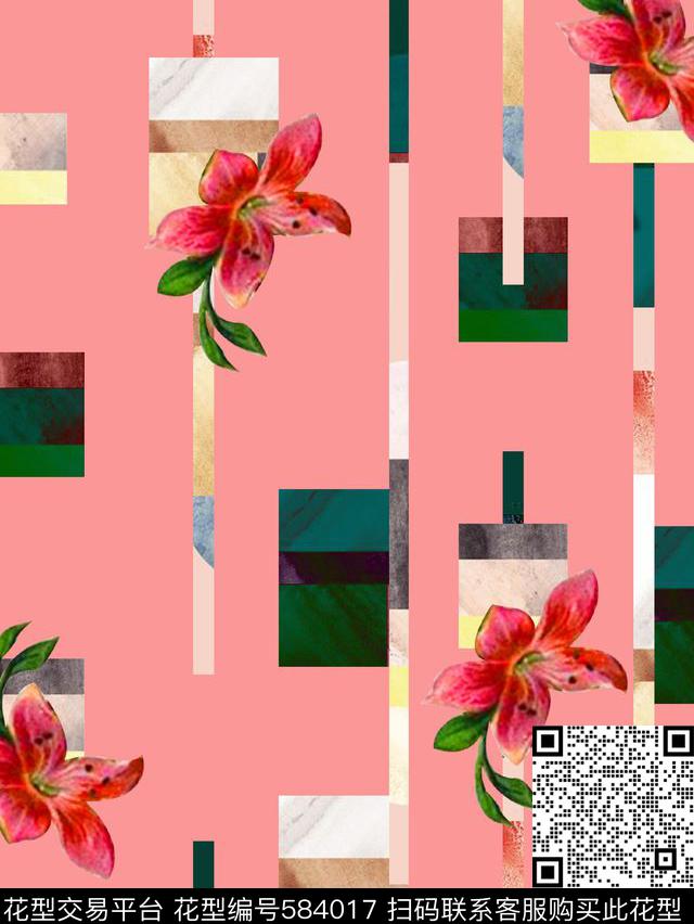 几何花卉拼块组合数码印花华亿平台下载（图片编号: 584017） - 瓦栏（Walan）