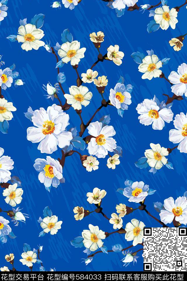 手绘大牌田园花卉欧美兰花桃花玉兰花连衣裙旗袍蓝色白色I【花卉】传统印花华亿平台下载（图片编号: 584033） - 瓦栏（Walan）