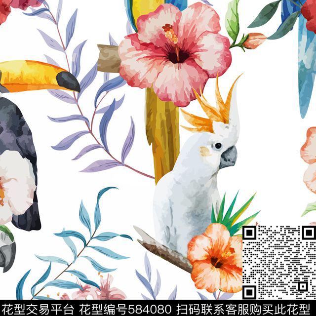 休闲风花草叶鸟数码印花华亿平台下载（图片编号: 584080） - 瓦栏（Walan）