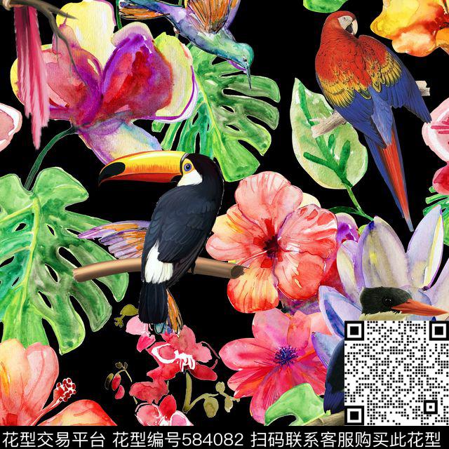 休闲风鸟树叶花卉数码印花华亿平台下载（图片编号: 584082） - 瓦栏（Walan）
