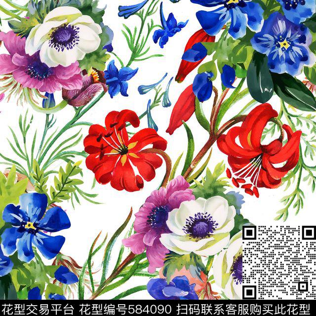 花卉鸟花草叶数码印花华亿平台下载（图片编号: 584090） - 瓦栏（Walan）