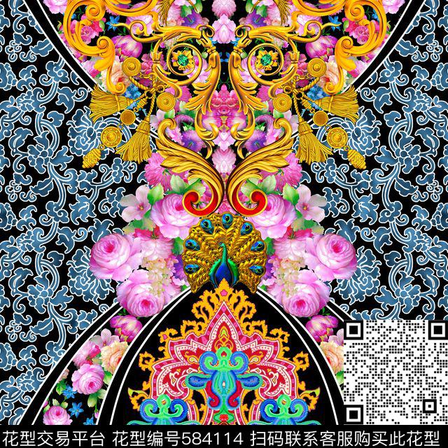 民族风青花花卉数码印花华亿平台下载（图片编号: 584114） - 瓦栏（Walan）