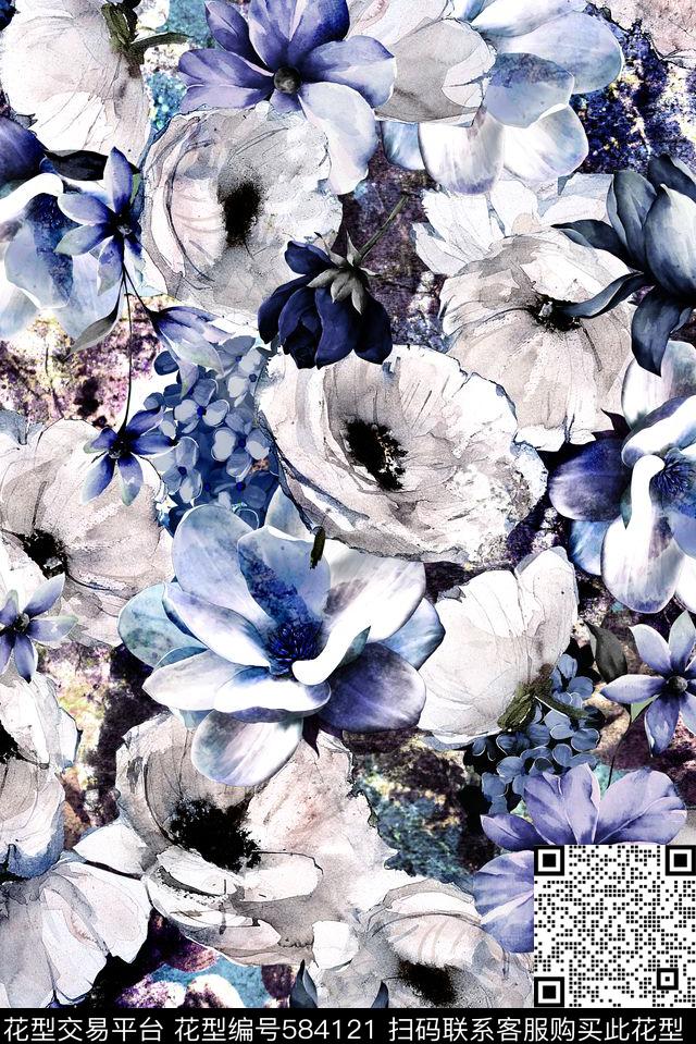 手绘水彩花淡雅数码印花华亿平台下载（图片编号: 584121） - 瓦栏（Walan）