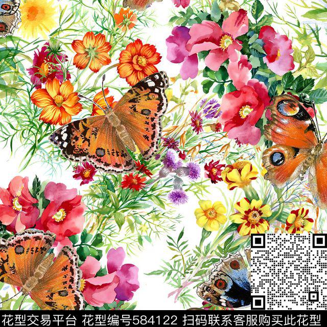 休闲风蝴蝶花卉数码印花华亿平台下载（图片编号: 584122） - 瓦栏（Walan）