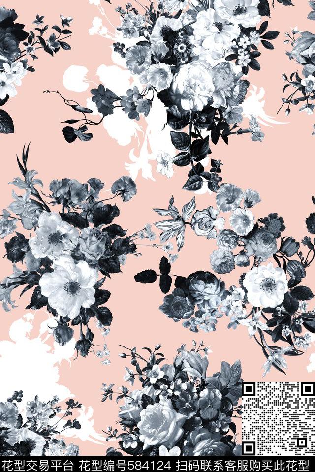 法式文艺花束数码印花华亿平台下载（图片编号: 584124） - 瓦栏（Walan）