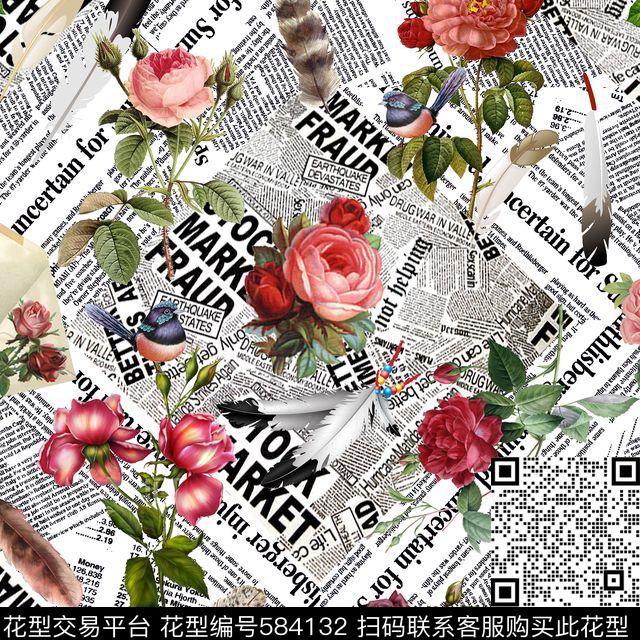 休闲风报纸文字花卉数码印花华亿平台下载（图片编号: 584132） - 瓦栏（Walan）