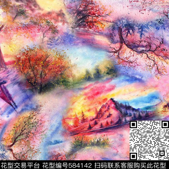 风景树木景观数码印花华亿平台下载（图片编号: 584142） - 瓦栏（Walan）