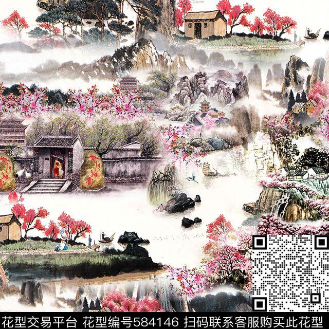休闲风山水树木花卉数码印花华亿平台下载（图片编号: 584146） - 瓦栏（Walan）