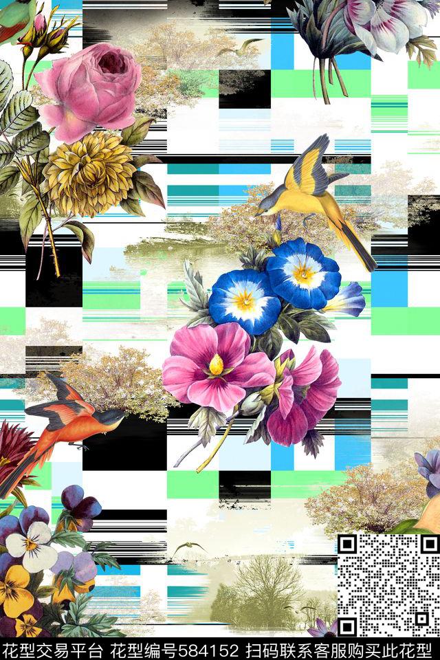 花卉几何散花数码印花华亿平台下载（图片编号: 584152） - 瓦栏（Walan）