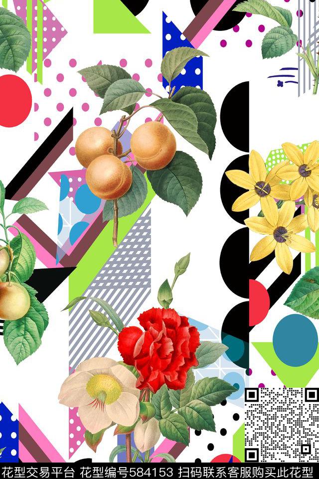 几何花卉散花数码印花华亿平台下载（图片编号: 584153） - 瓦栏（Walan）