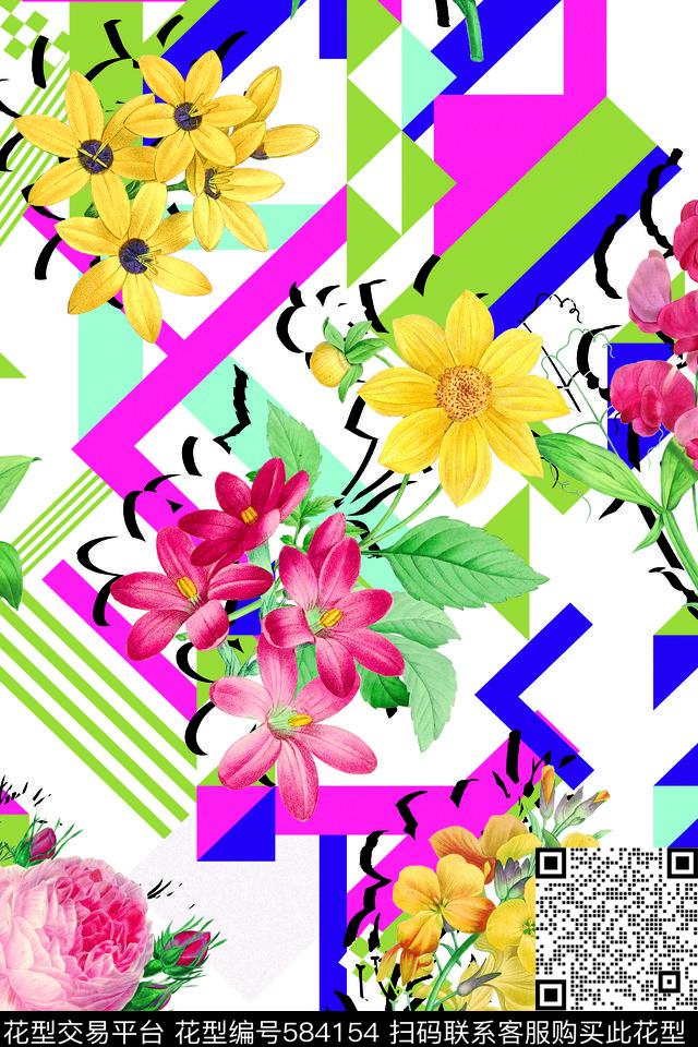 几何花卉散花数码印花华亿平台下载（图片编号: 584154） - 瓦栏（Walan）