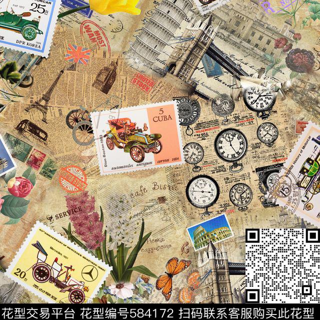 休闲风邮票建筑风景数码印花华亿平台下载（图片编号: 584172） - 瓦栏（Walan）
