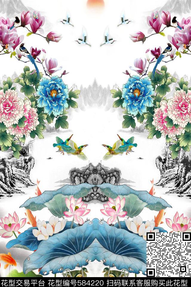 风景荷叶鸟类花卉数码印花华亿平台下载（图片编号: 584220） - 瓦栏（Walan）