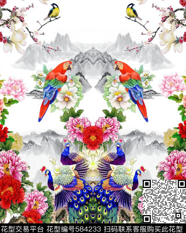 风景鸟类花卉树木数码印花华亿平台下载（图片编号: 584233） - 瓦栏（Walan）