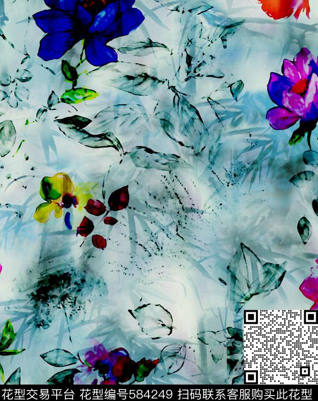 复古花卉竹叶数码印花华亿平台下载（图片编号: 584249） - 瓦栏（Walan）