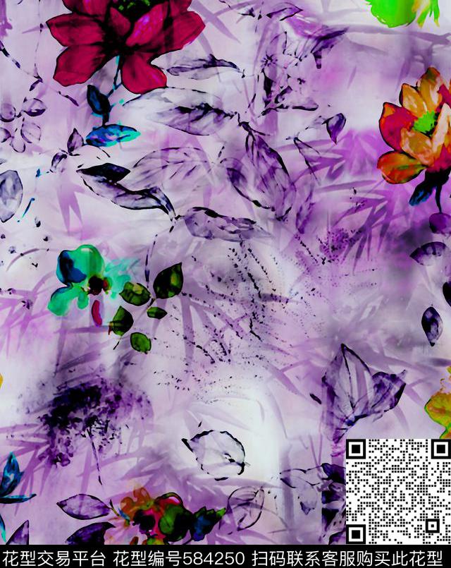 复古花卉竹叶数码印花华亿平台下载（图片编号: 584250） - 瓦栏（Walan）