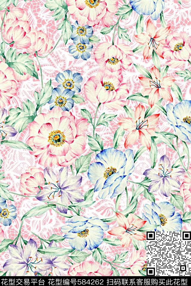 时尚大牌欧美风格蕾丝花卉复古数码印花华亿平台下载（图片编号: 584262） - 瓦栏（Walan）