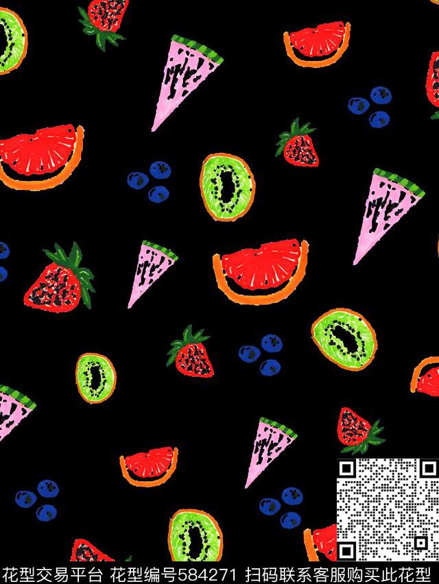时尚潮流黑底水果花传统印花华亿平台下载（图片编号: 584271） - 瓦栏（Walan）