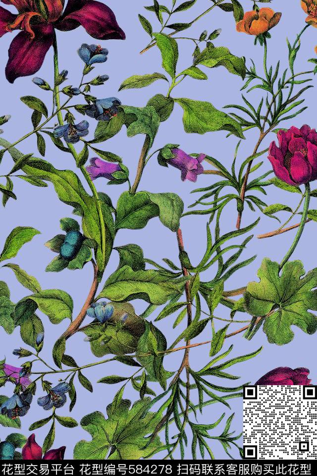流行时尚手绘花卉花草叶枝干服装女装小西装箱包床品窗帘手绘花卉花草叶枝干花卉数码印花华亿平台下载（图片编号: 584278） - 瓦栏（Walan）