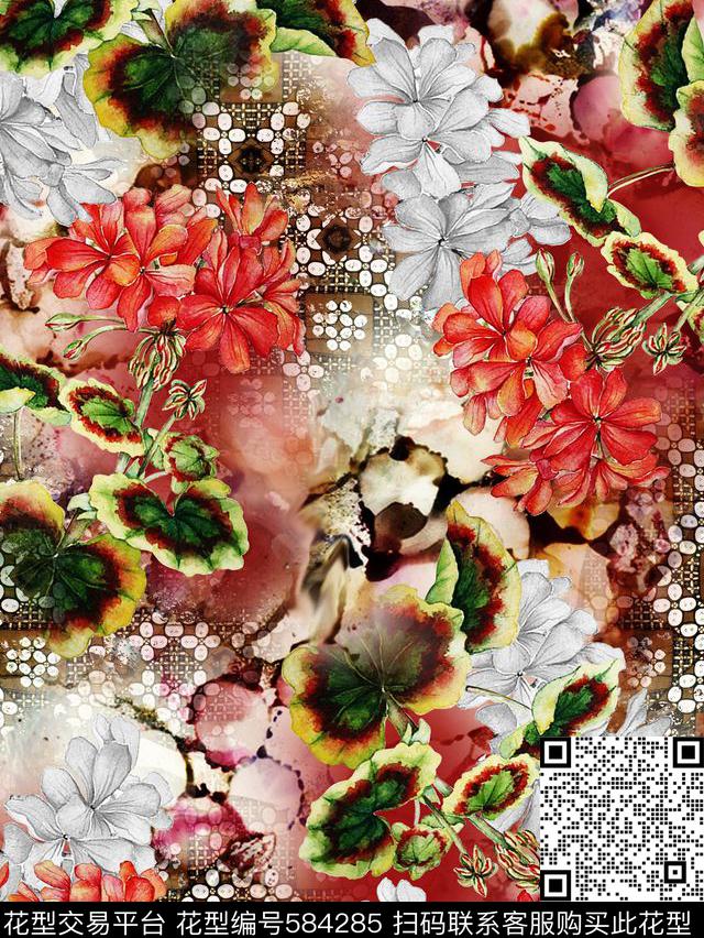 欧式花朵抽象几何数码印花华亿平台下载（图片编号: 584285） - 瓦栏（Walan）