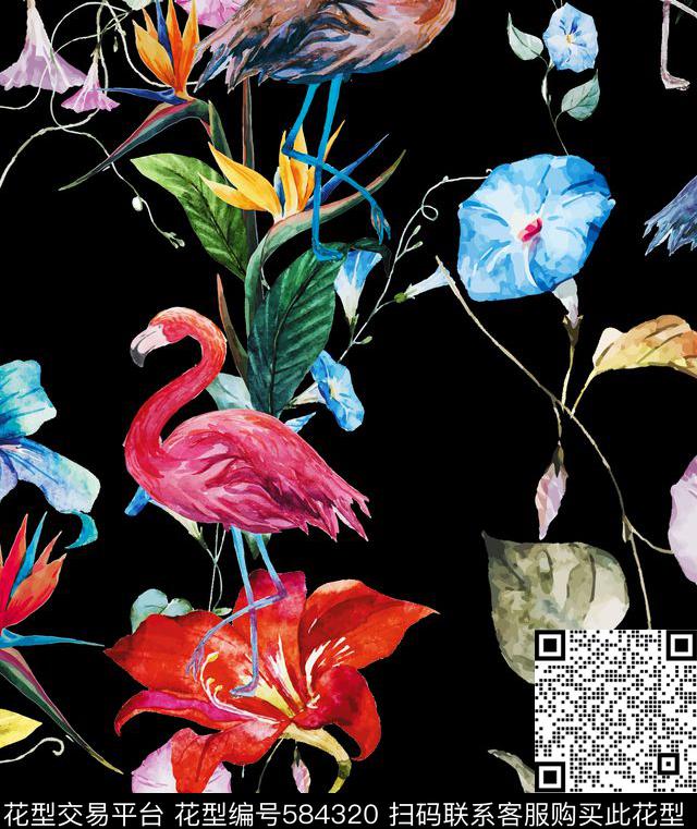 火烈鸟热带花喇叭花数码印花华亿平台下载（图片编号: 584320） - 瓦栏（Walan）