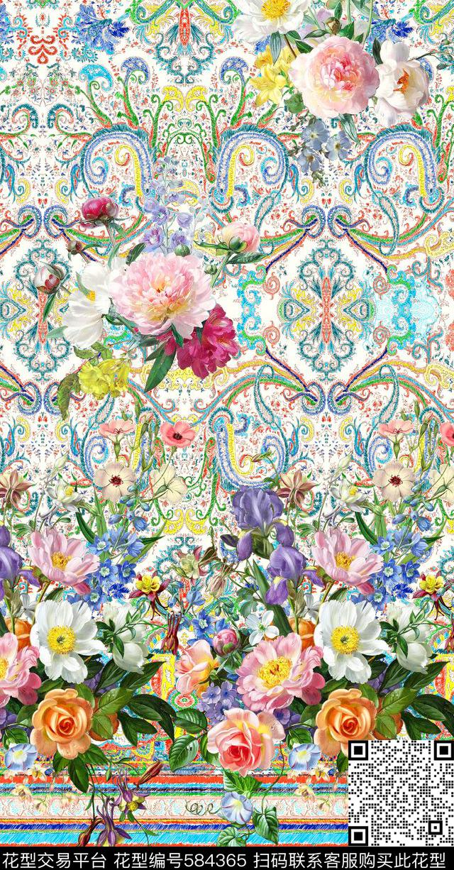 时尚手绘花纹油画花卉数码印花华亿平台下载（图片编号: 584365） - 瓦栏（Walan）