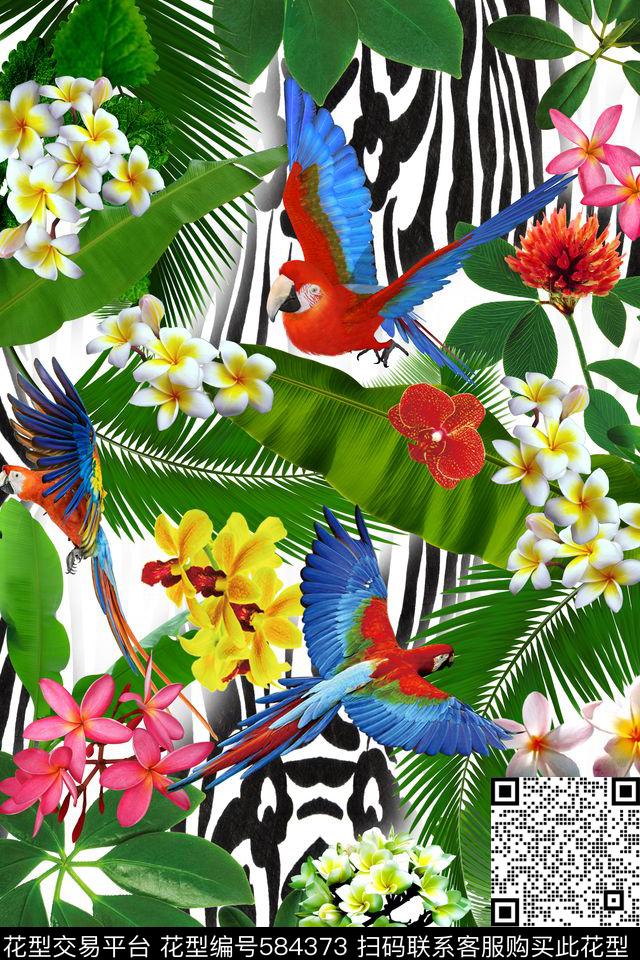 热带植物叶子鹦鹉鸟T恤服装华亿平台数码印花华亿平台下载（图片编号: 584373） - 瓦栏（Walan）