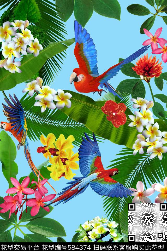 热带植物叶子鹦鹉鸟T恤服装华亿平台数码印花华亿平台下载（图片编号: 584374） - 瓦栏（Walan）