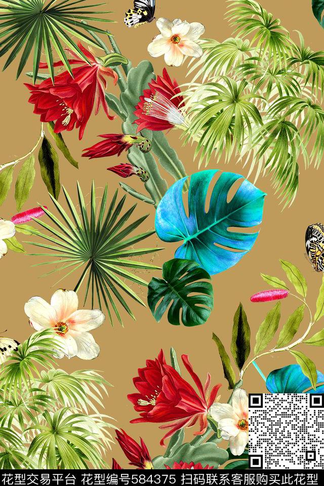 时尚热带雨林花卉数码印花华亿平台下载（图片编号: 584375） - 瓦栏（Walan）