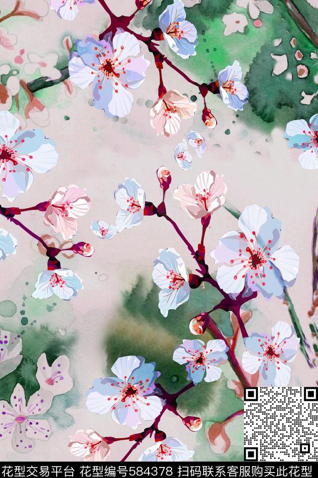 樱花水墨服装数码印花华亿平台下载（图片编号: 584378） - 瓦栏（Walan）