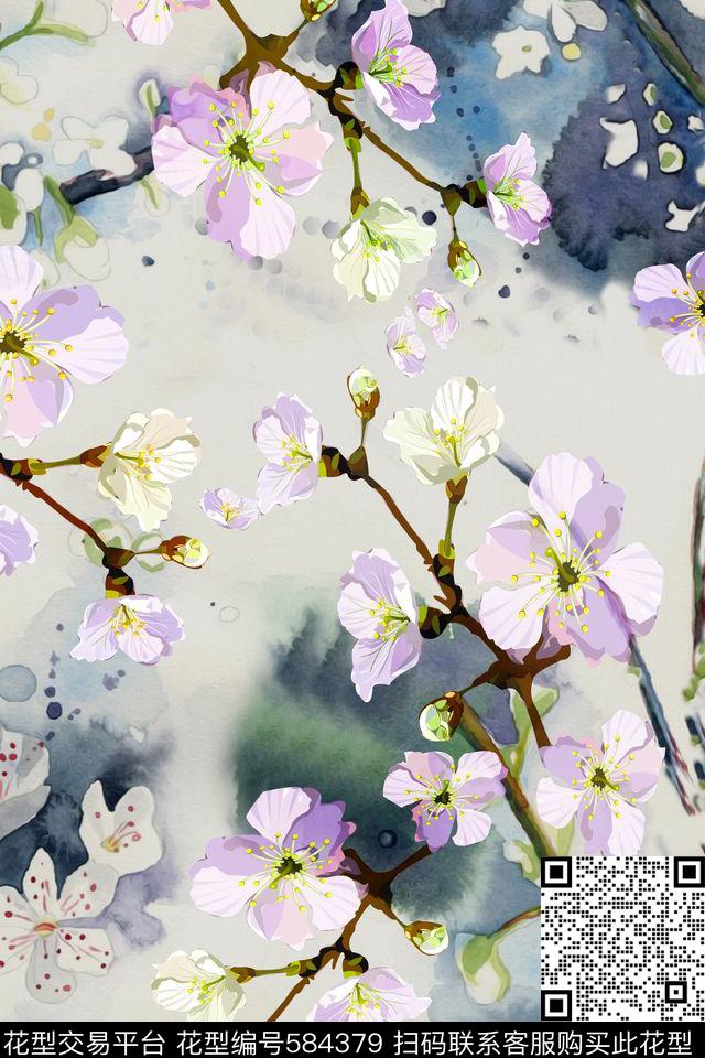 樱花水墨服装数码印花华亿平台下载（图片编号: 584379） - 瓦栏（Walan）