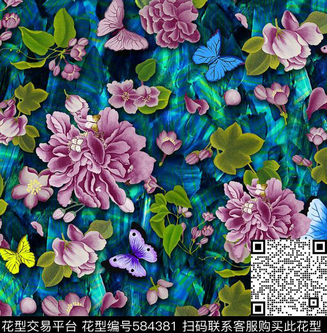 花卉海棠花蝴蝶数码印花华亿平台下载（图片编号: 584381） - 瓦栏（Walan）