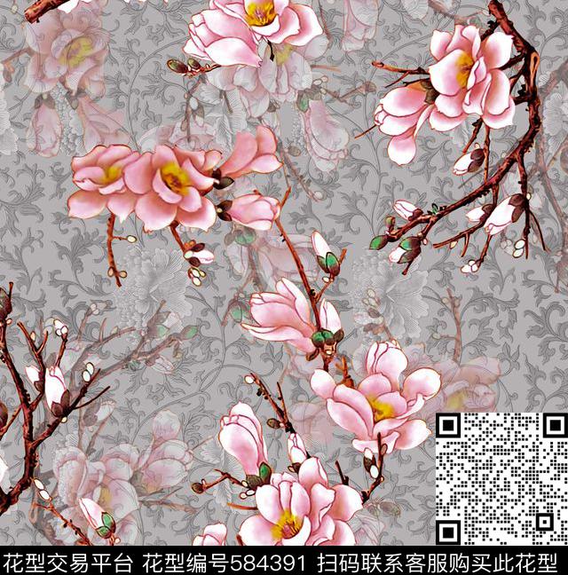 手绘工笔玉兰数码印花华亿平台下载（图片编号: 584391） - 瓦栏（Walan）