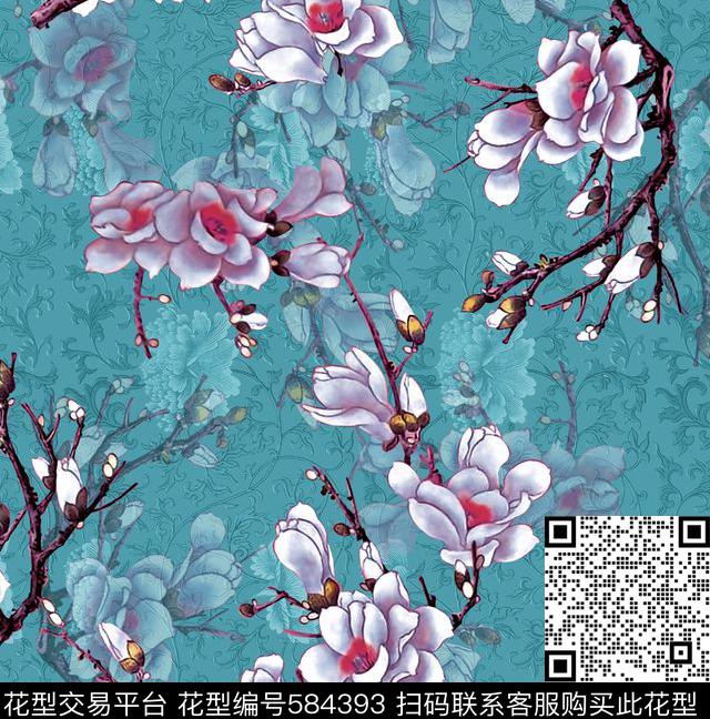 手绘工笔玉兰数码印花华亿平台下载（图片编号: 584393） - 瓦栏（Walan）
