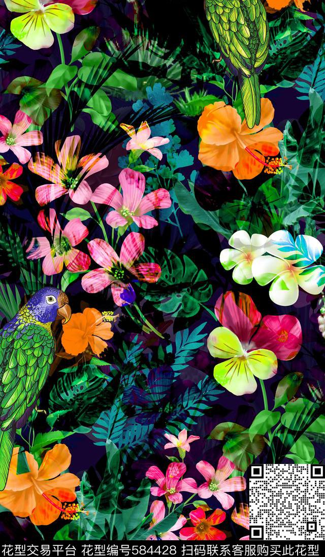 热带风格花卉热带雨林植物花卉花朵数码印花华亿平台下载（图片编号: 584428） - 瓦栏（Walan）