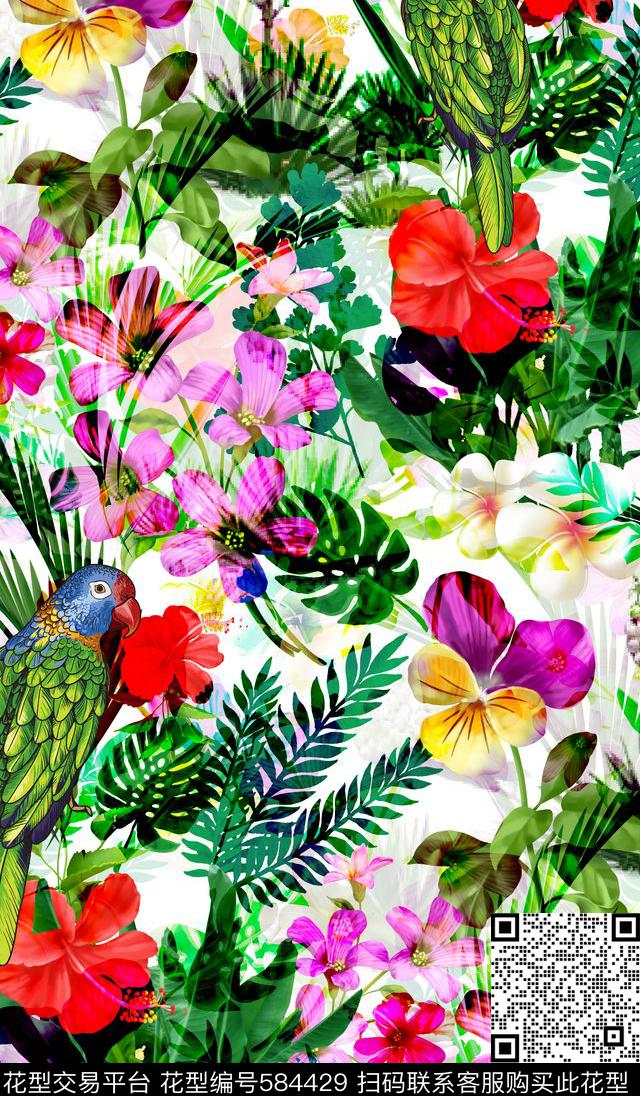 热带风格花卉热带雨林植物花卉花朵数码印花华亿平台下载（图片编号: 584429） - 瓦栏（Walan）