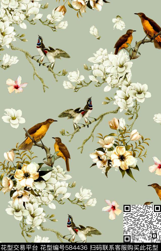 工笔画花卉花鸟数码印花华亿平台下载（图片编号: 584436） - 瓦栏（Walan）