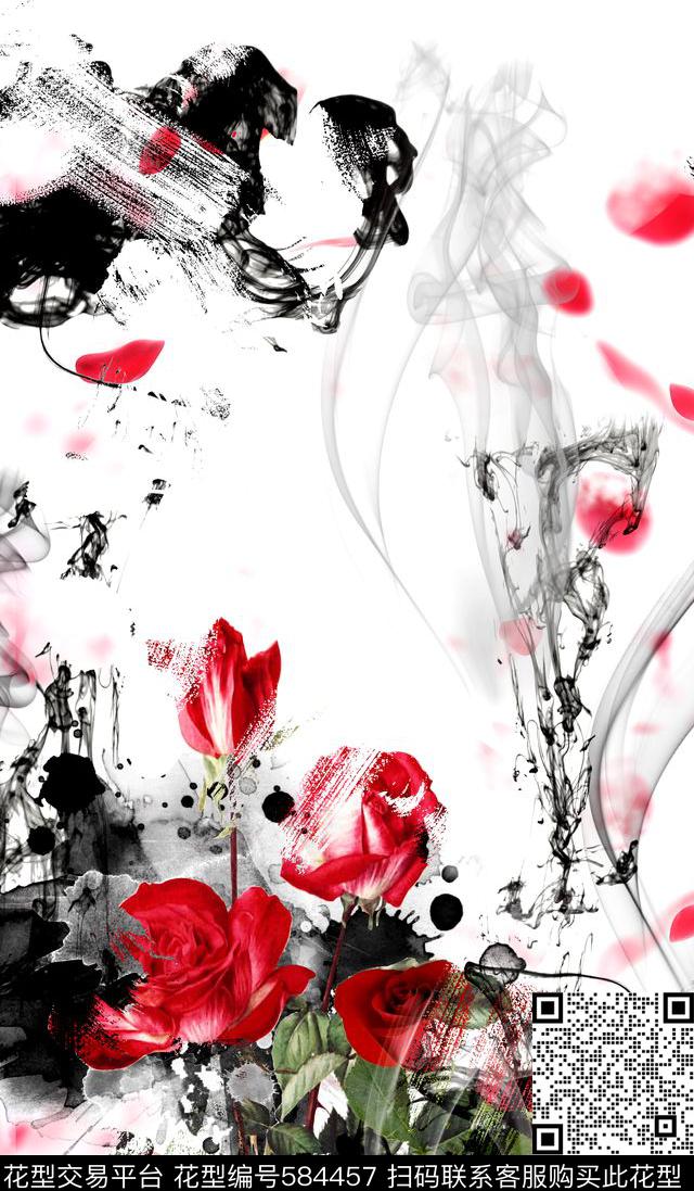 花卉玫瑰水墨数码印花华亿平台下载（图片编号: 584457） - 瓦栏（Walan）