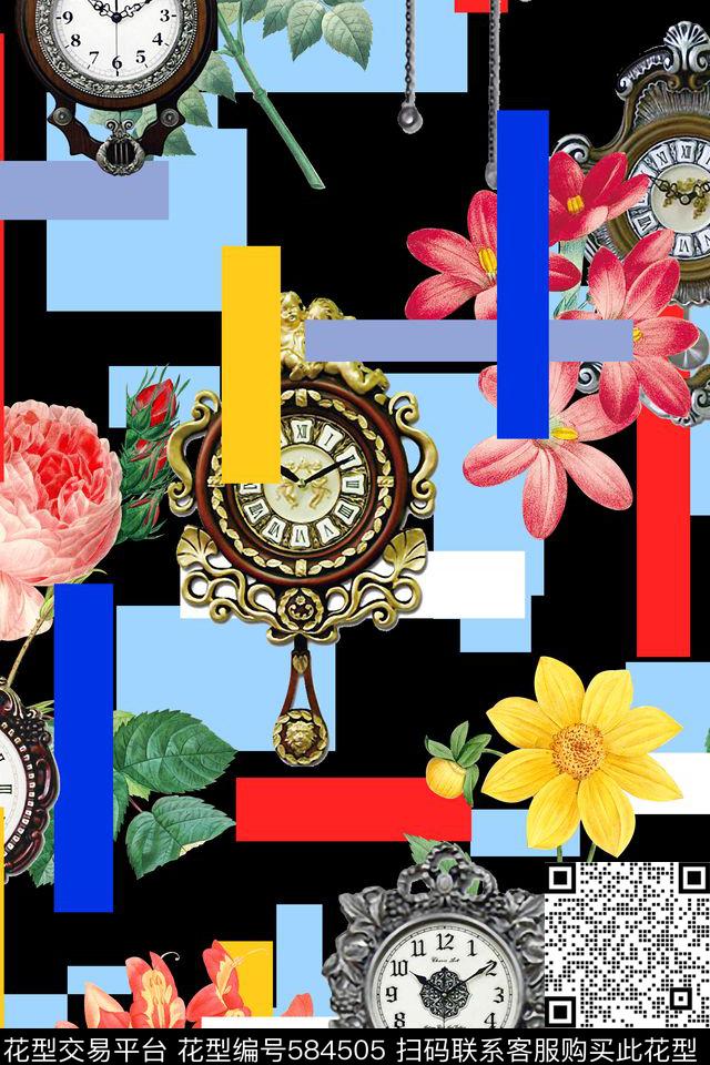 几何花卉时钟数码印花华亿平台下载（图片编号: 584505） - 瓦栏（Walan）