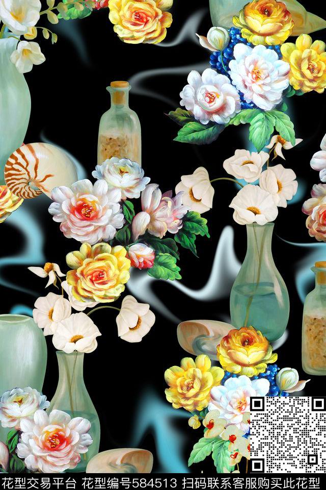 花卉水瓶纯色底散花数码印花华亿平台下载（图片编号: 584513） - 瓦栏（Walan）