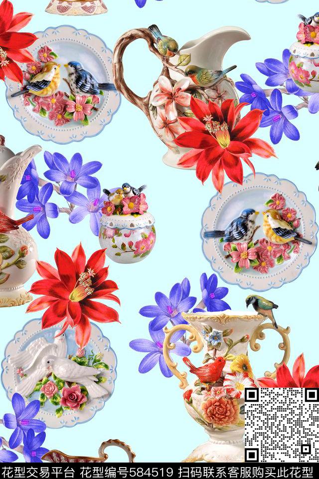 花卉瓷器民族风数码印花华亿平台下载（图片编号: 584519） - 瓦栏（Walan）