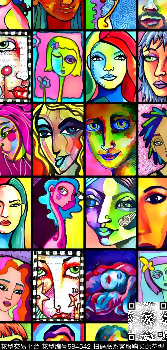 波普艺术人物插画拼块数码印花华亿平台下载（图片编号: 584542） - 瓦栏（Walan）