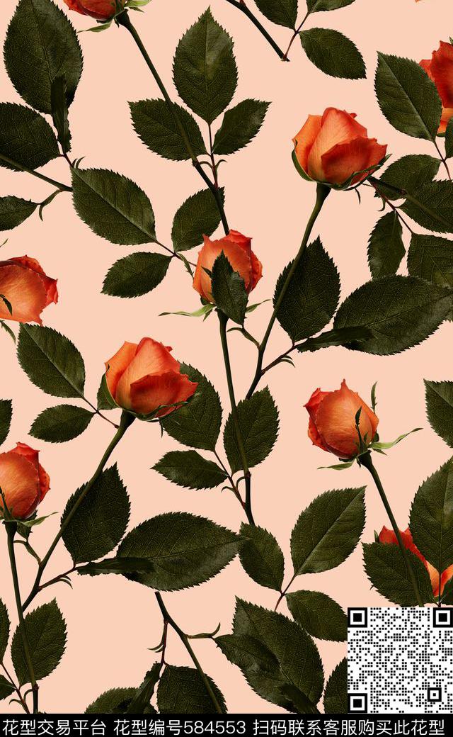 玫瑰花潮流时尚女装连衣裙花卉数码印花华亿平台下载（图片编号: 584553） - 瓦栏（Walan）