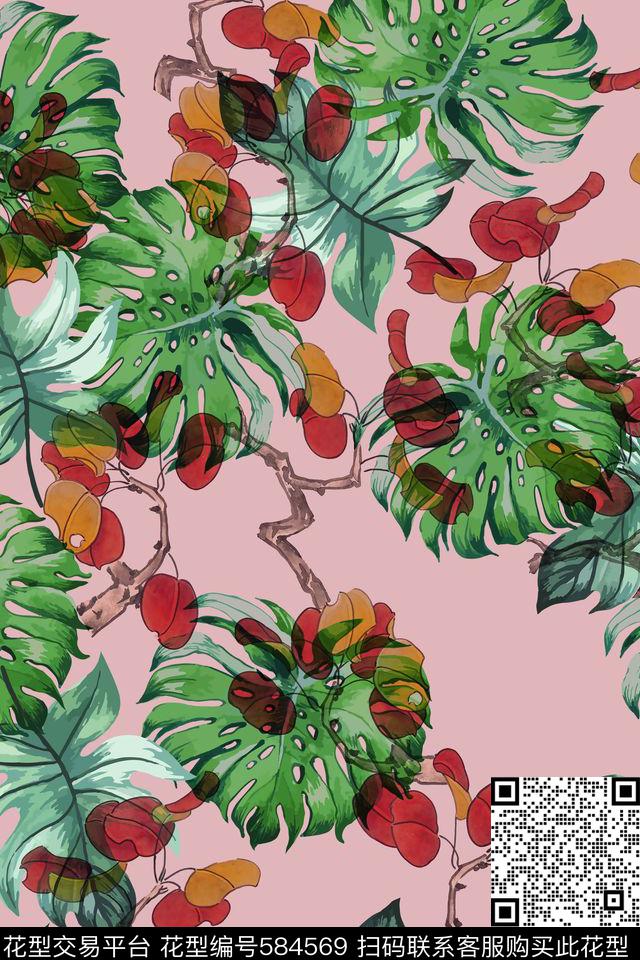 棕榈叶热带龟背竹叶子数码印花华亿平台下载（图片编号: 584569） - 瓦栏（Walan）