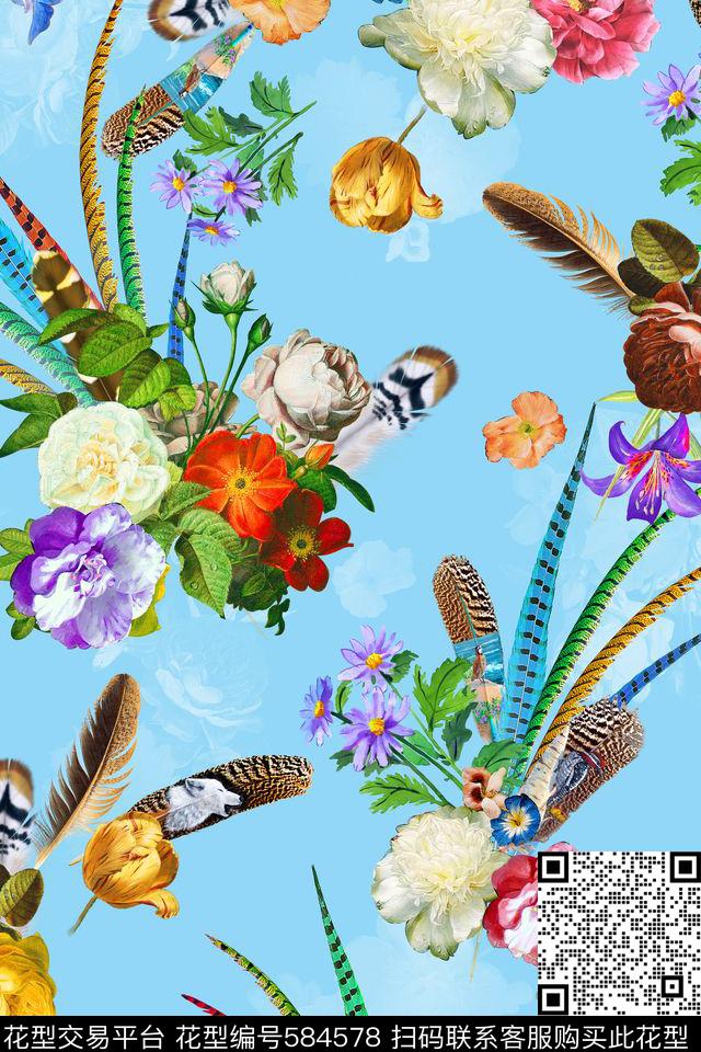 时尚油画花卉羽毛数码印花华亿平台下载（图片编号: 584578） - 瓦栏（Walan）