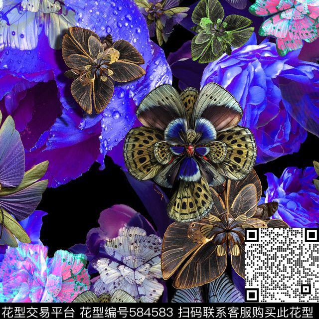 绚彩蝴蝶花卉数码印花华亿平台下载（图片编号: 584583） - 瓦栏（Walan）